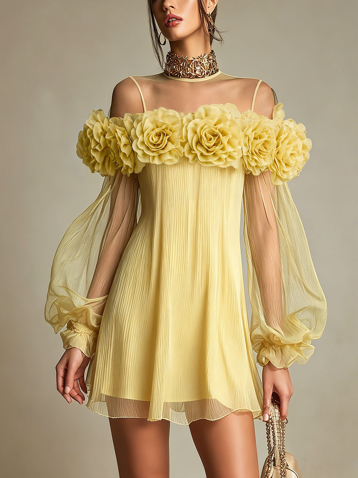 Romantic Yellow 3D Floral Pleated Chiffon Mini Dress for Special Occasions