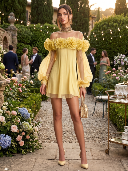 Romantic Yellow 3D Floral Pleated Chiffon Mini Dress for Special Occasions