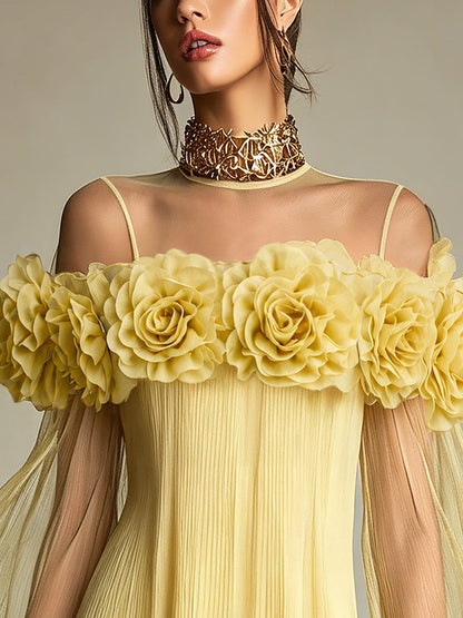 Romantic Yellow 3D Floral Pleated Chiffon Mini Dress for Special Occasions
