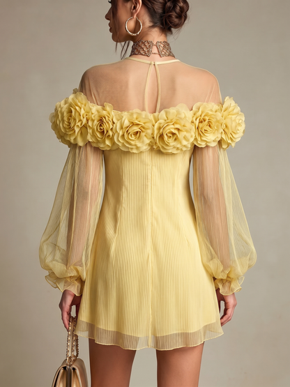 Romantic Yellow 3D Floral Pleated Chiffon Mini Dress for Special Occasions