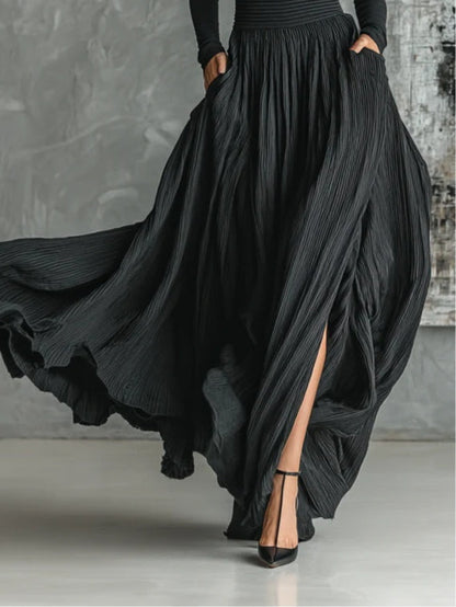 Fashion All Black Skinny Turtleneck T-shirt Pleated Skirt Set