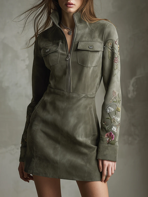 Green Embroidered Faux Suede Half-zip Mini Dress