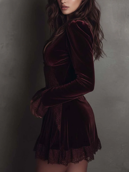 Burgundy Velvet Lace-trimmed V-neck Mini Dress