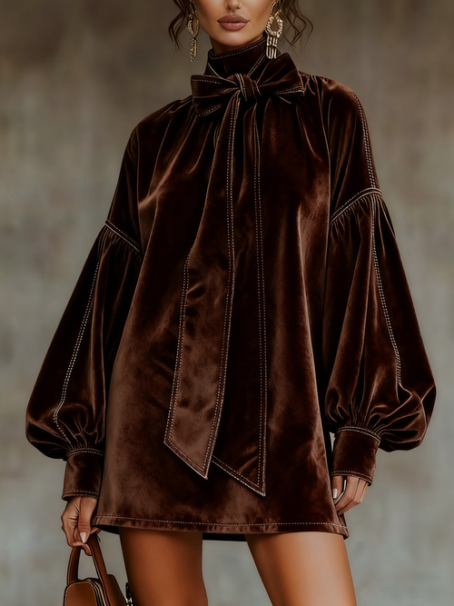 Dark Brown Velvet Bow Lantern Sleeve Mini Dress