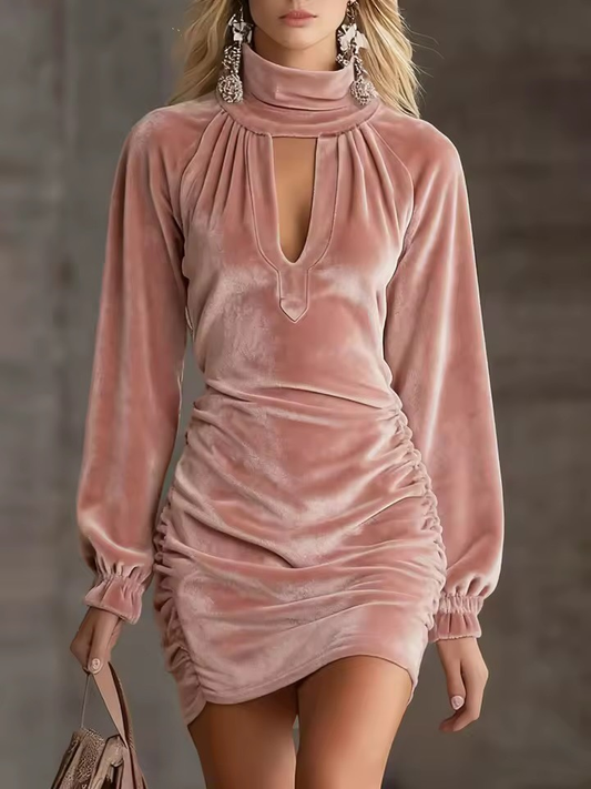 Velvet High-neck Cutout Ruched Mini Dress