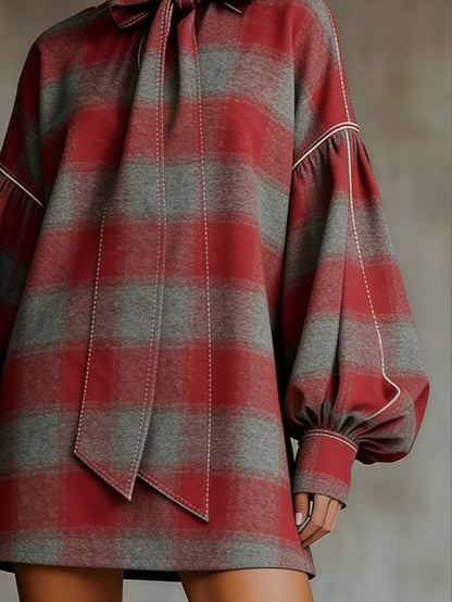 Red And Gray Plaid Bow Lantern Sleeve Mini Dress