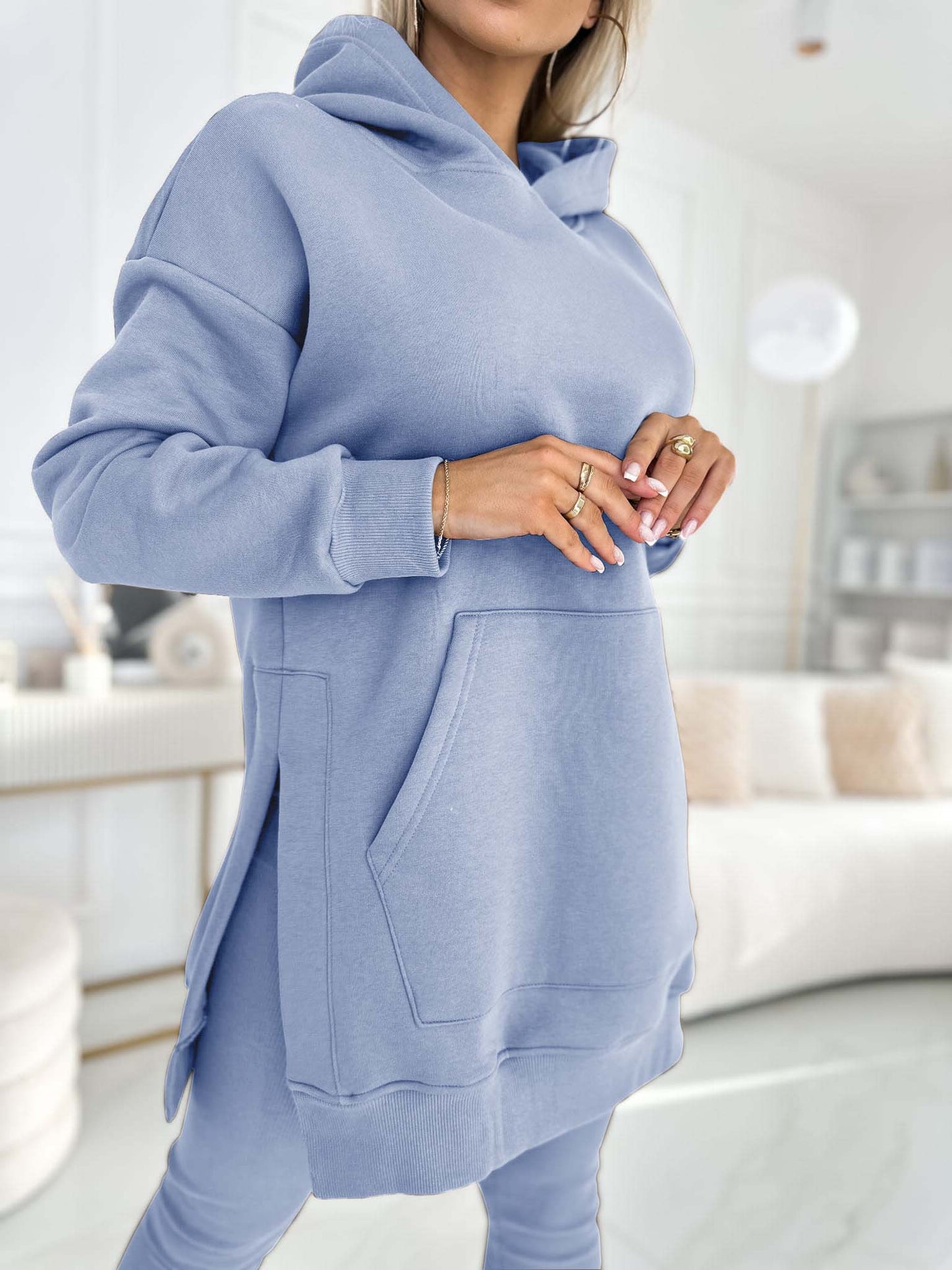 Fashion Solid Color Hoodie and Lined Leggings Two-piece Set