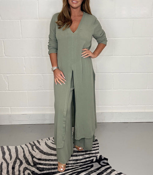 Two-piece Casual Long Top and Matching Pants Set