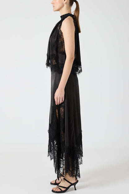 Lace Pleated Collar Top + Irregular Slit Skirt Set