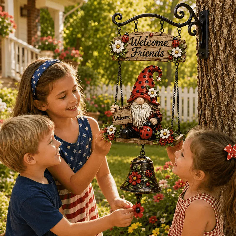 Dzwonek powitalny z krasnalem ogrodowym, tabliczka „Welcome”, retro dzwonek z brązu, żelazny uchwyt ścienny, dekoracja do ogrodu, na taras i podwórko.