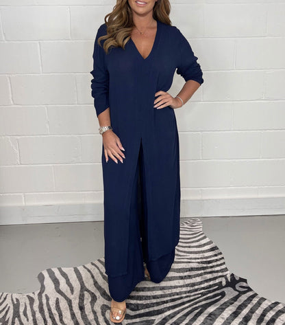 Two-piece Casual Long Top and Matching Pants Set