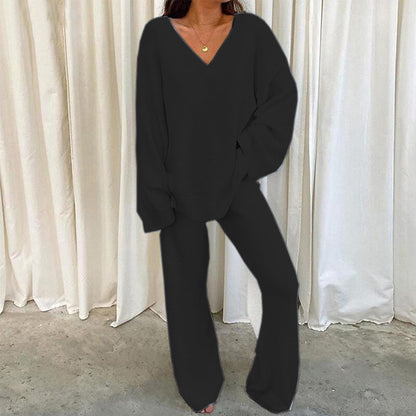 Comfortable Solid Color V-neck Daily  Two-piece Set