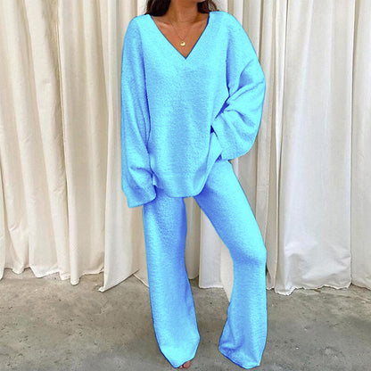 Comfortable Solid Color V-neck Daily  Two-piece Set