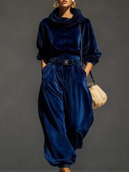 Vintage brown velvet hoodie and loose-fitting trousers set（Includes belt）