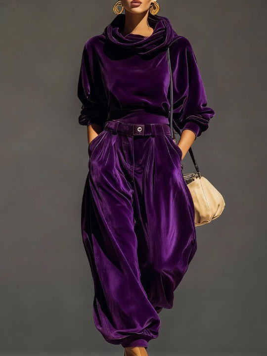 Vintage brown velvet hoodie and loose-fitting trousers set（Includes belt）