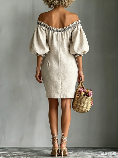 Off-Shoulder Loose-Fit Straight-Cut Linen Mini Dress
