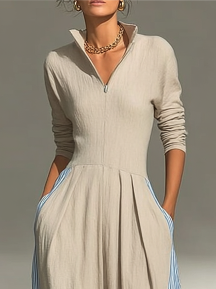 Structured Stand-Collar Striped Panel Jumpsuit