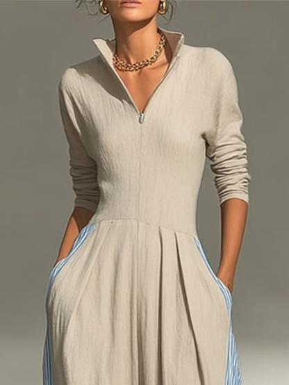 Structured Stand-Collar Striped Panel Jumpsuit