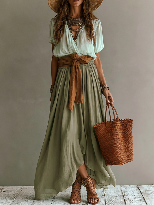 Chic Bohemian-Style Loose Top and Skirt Two-Piece Set(Waist Sash Not Included)