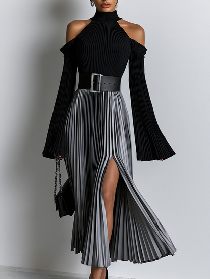 Off-Shoulder Knit Top and Pleated Skirt Elegant Two-Piece Set