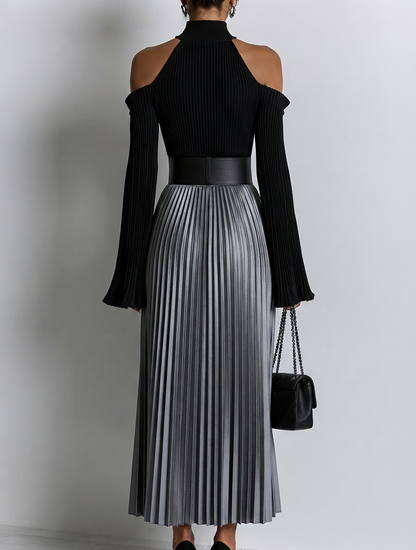 Off-Shoulder Knit Top and Pleated Skirt Elegant Two-Piece Set