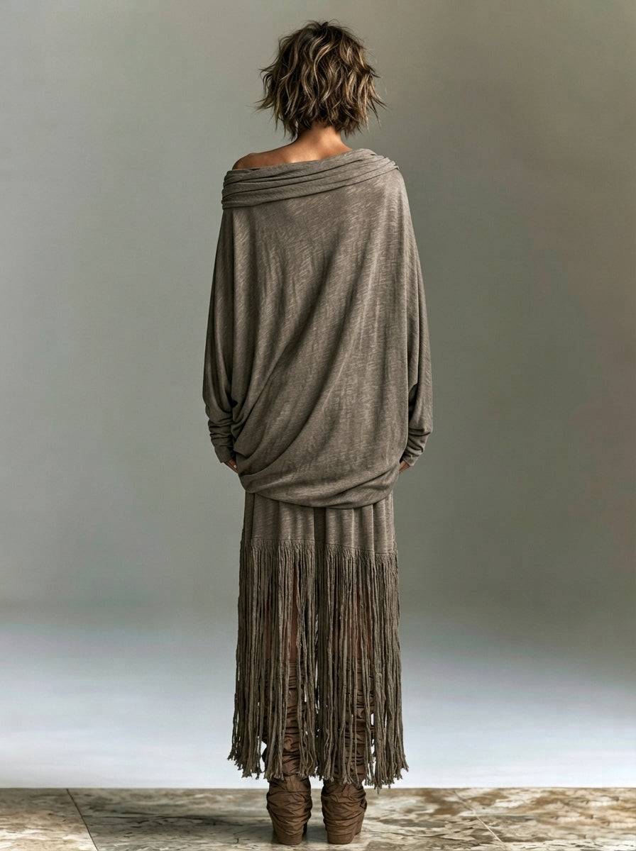 Loose-Fit Batwing Sleeve Long Tassels Two-Piece Set