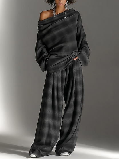 Loose Off-Shoulder Plaid Top and Pants Chic Two-Piece Set