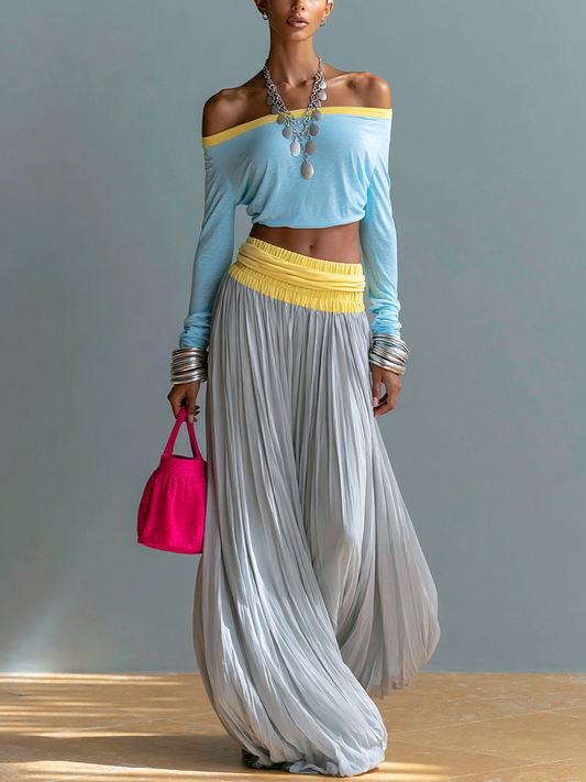 Off-Shoulder Color-Block Top and Pleated Skirt Vacation Two-Piece Set
